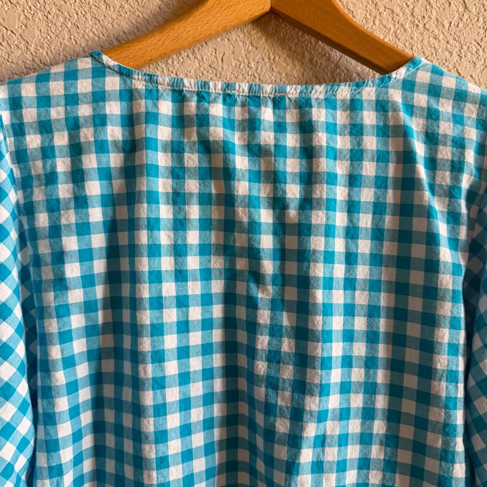 J.CREW Women’s Sz L Blouse Blue White Gingham 100% Cotton Balloon Sleeve V-Neck - Picture 7 of 7